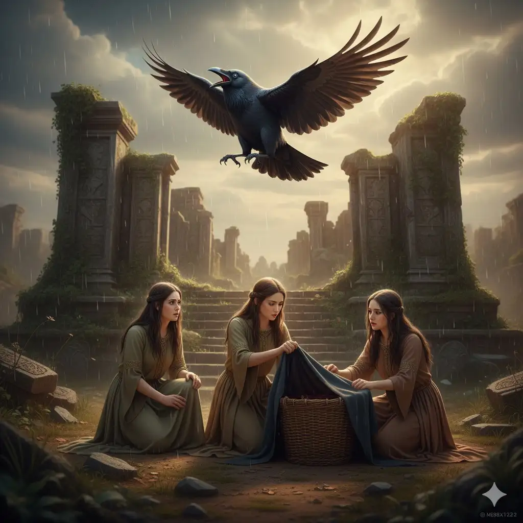 Apollo e Coronide 2 Scena del mito di Apollo e Coronide in cui si intreccia il mito della cornacchia che spia le ancelle di Atena