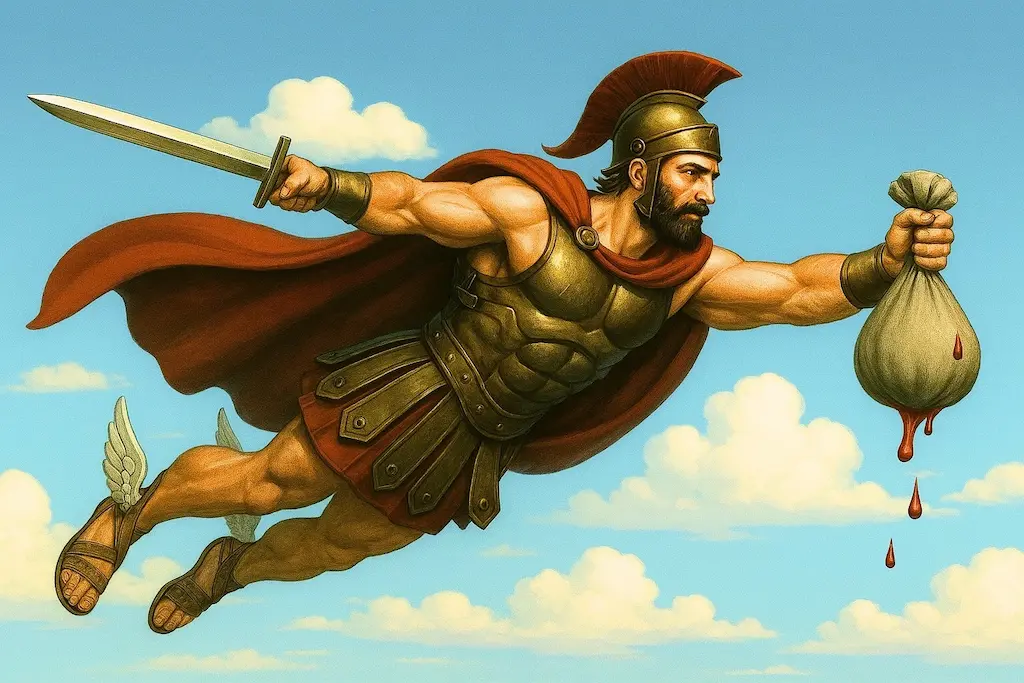 Perseo e Medusa: Perseo vola con la testa di Medusa in un sacco