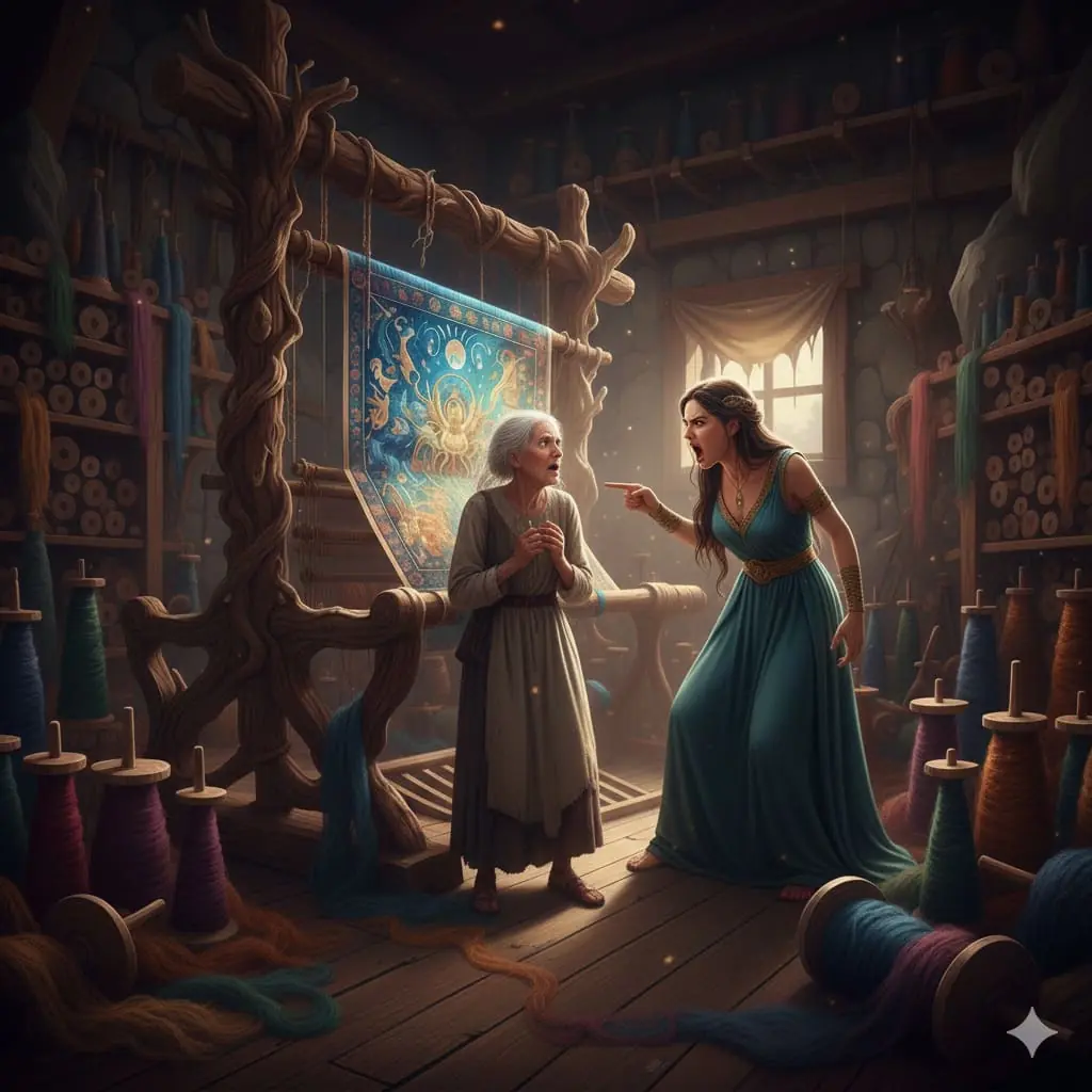 Il mito di Aracne: Aracne insulta la dea Atena travestita